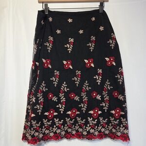 Carole Little Skirt 12 Black Sheer Embroidered Floral Lined Midi